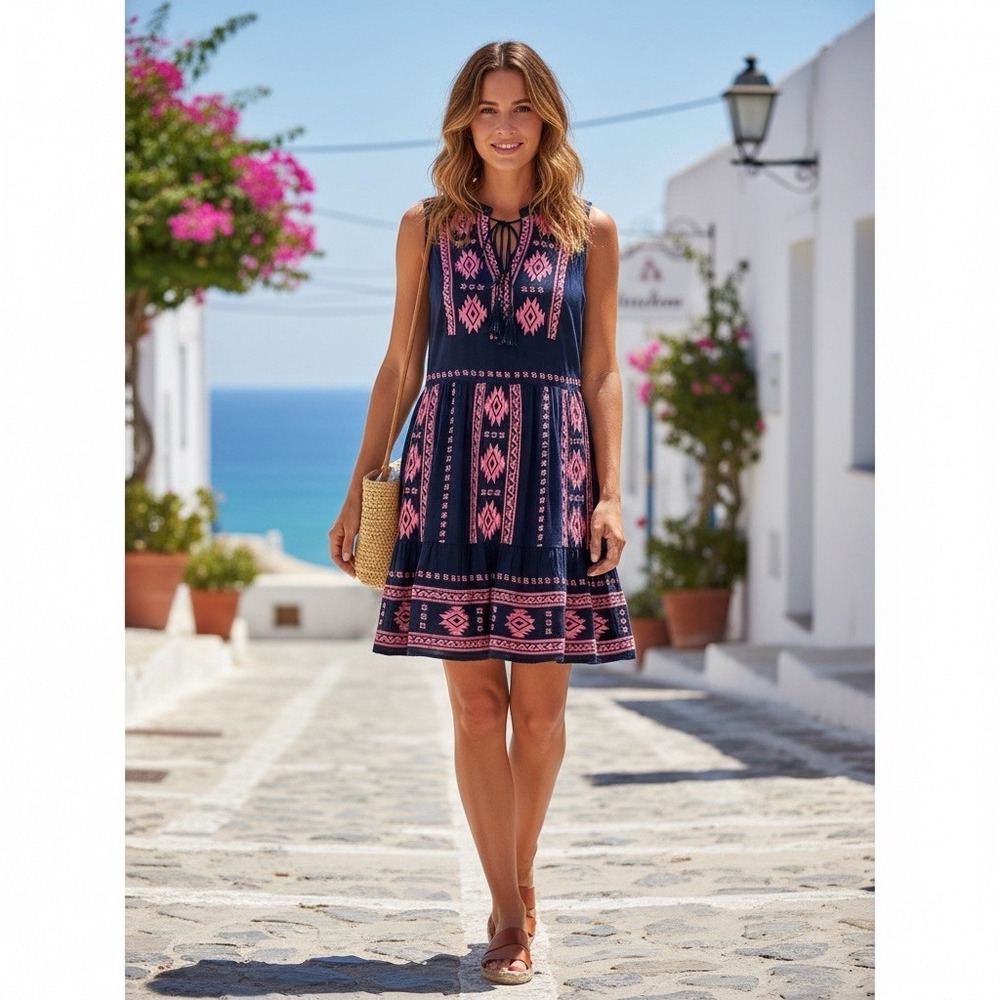 Savanna Jane Boho Embroidered Mini Dress Navy Pink Geometric Southwestern Medium